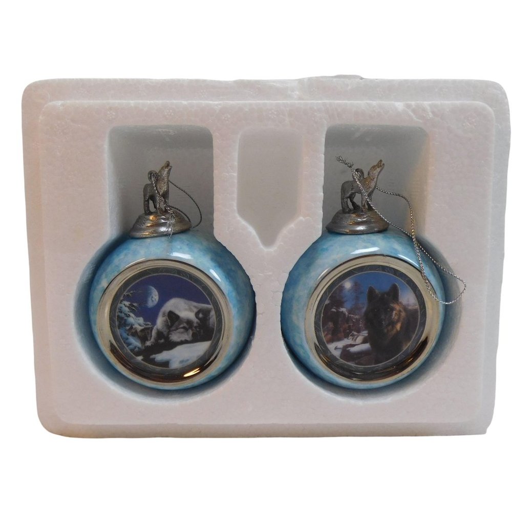 Bradford Exchange 2 Christmas Ornaments Moon Shadows Moonlit Phantom Wolves